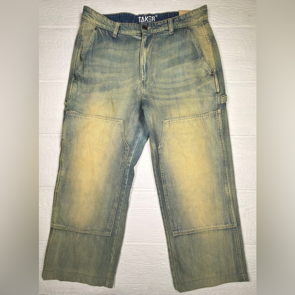 TAKER Baggy Double Knee Carpenter Jeans W34 Cropped Workwear Tint Wash Denim